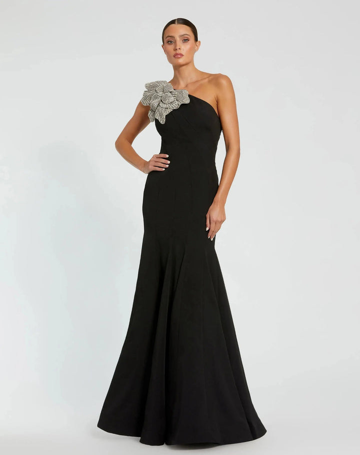 One-Shoulder Crepe Gown with Sparkling Floral Detail | Mac Duggal Dress 11810