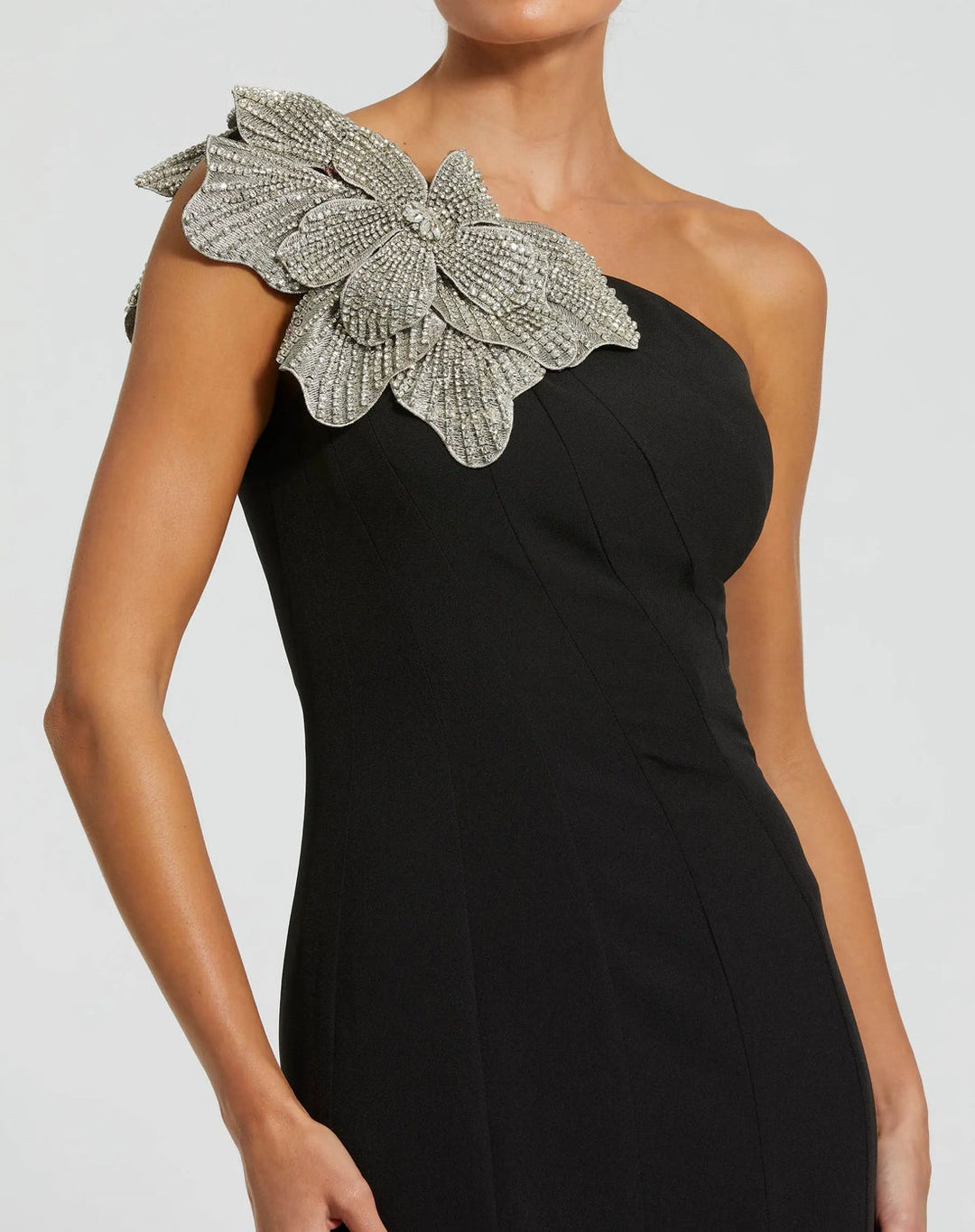One-Shoulder Crepe Gown with Sparkling Floral Detail | Mac Duggal Dress 11810