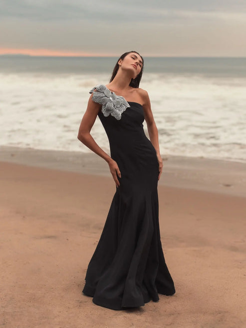 One-Shoulder Crepe Gown with Sparkling Floral Detail | Mac Duggal Dress 11810