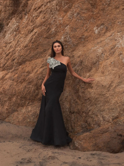 One-Shoulder Crepe Gown with Sparkling Floral Detail | Mac Duggal Dress 11810