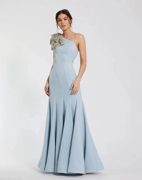 One-Shoulder Crepe Gown with Sparkling Floral Detail | Mac Duggal Dress 11810