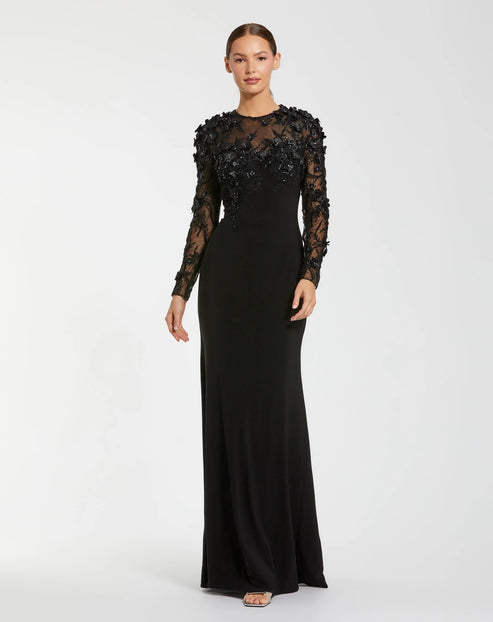 Floral Embellished Column Gown with Long Sleeves | Mac Duggal Dress 11841