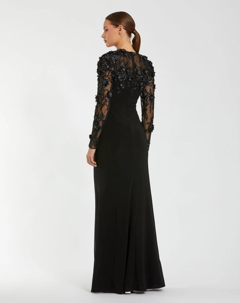 Floral Embellished Column Gown with Long Sleeves | Mac Duggal Dress 11841