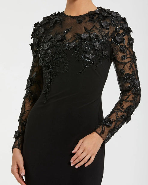 Floral Embellished Column Gown with Long Sleeves | Mac Duggal Dress 11841
