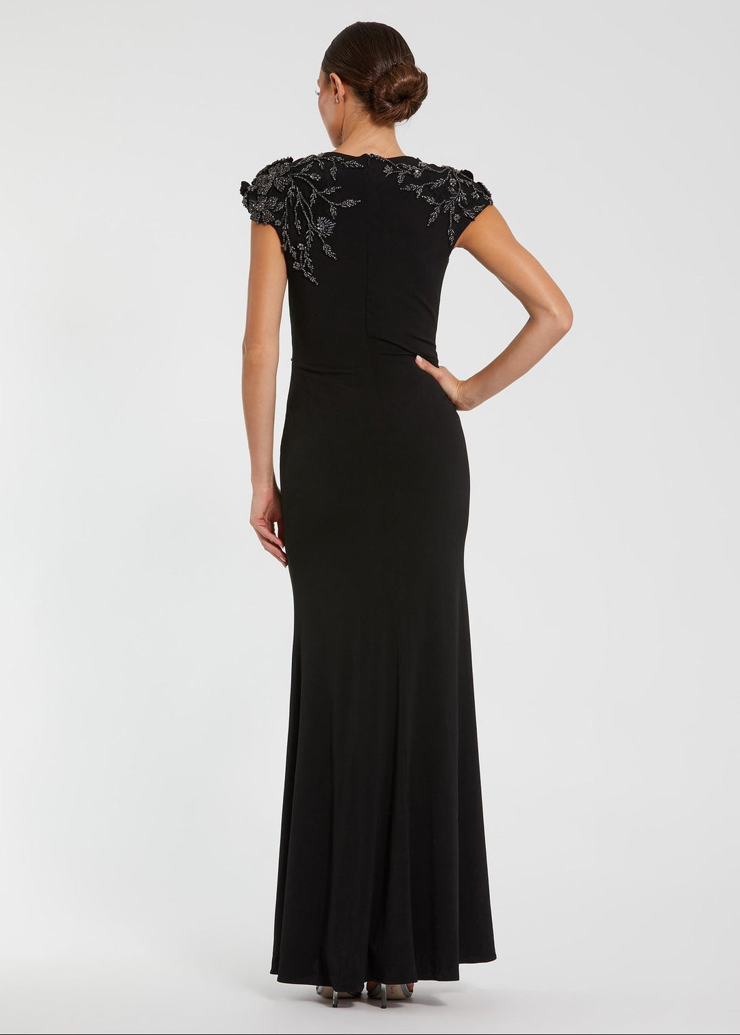 Mac Duggal Style 11847 Jersey Column Gown With Beaded Floral Cap Sleeves Dress