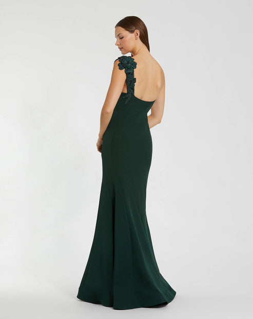 One-Shoulder Crepe Gown with Beaded Floral Accent | Mac Duggal Dress 11851