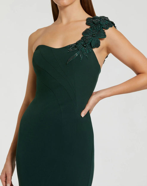 One-Shoulder Crepe Gown with Beaded Floral Accent | Mac Duggal Dress 11851