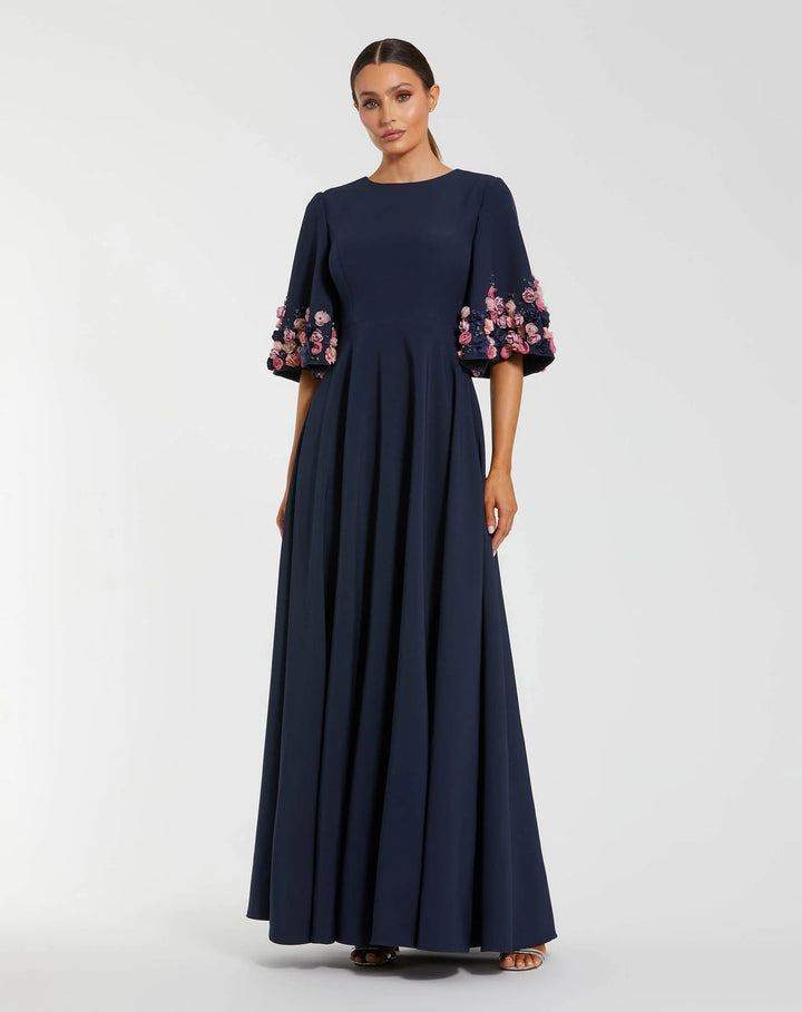 Classic 3/4 Sleeve Crepe A-Line Gown with Floral Detailing | Mac Duggal Dress 11854