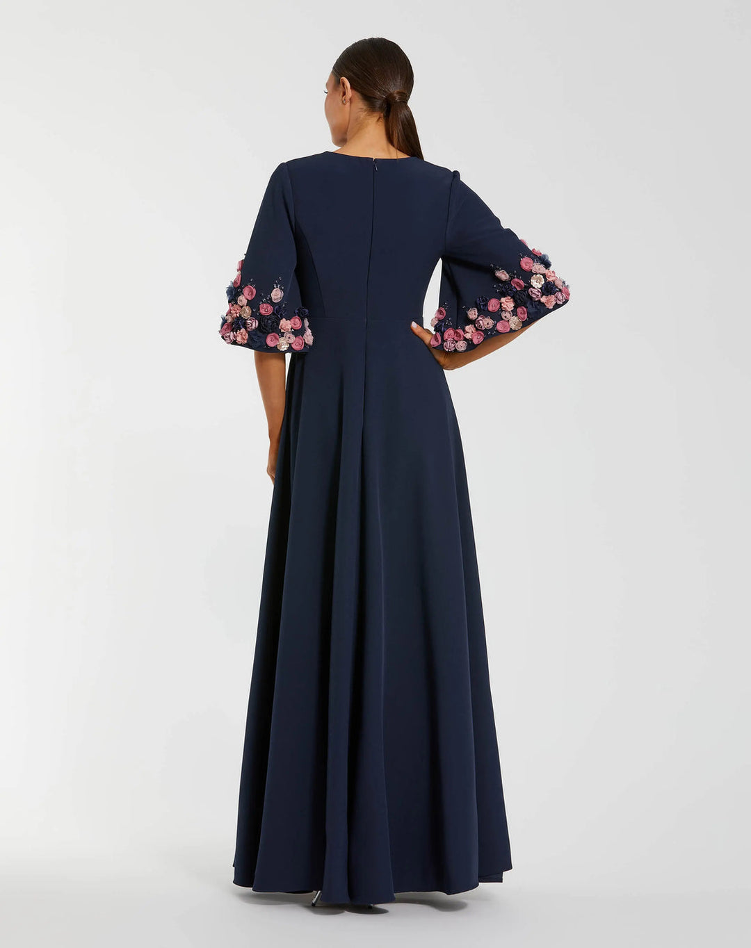 Classic 3/4 Sleeve Crepe A-Line Gown with Floral Detailing | Mac Duggal Dress 11854