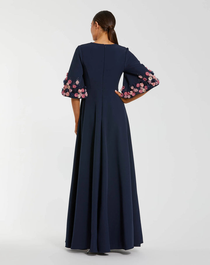 Classic 3/4 Sleeve Crepe A-Line Gown with Floral Detailing | Mac Duggal Dress 11854