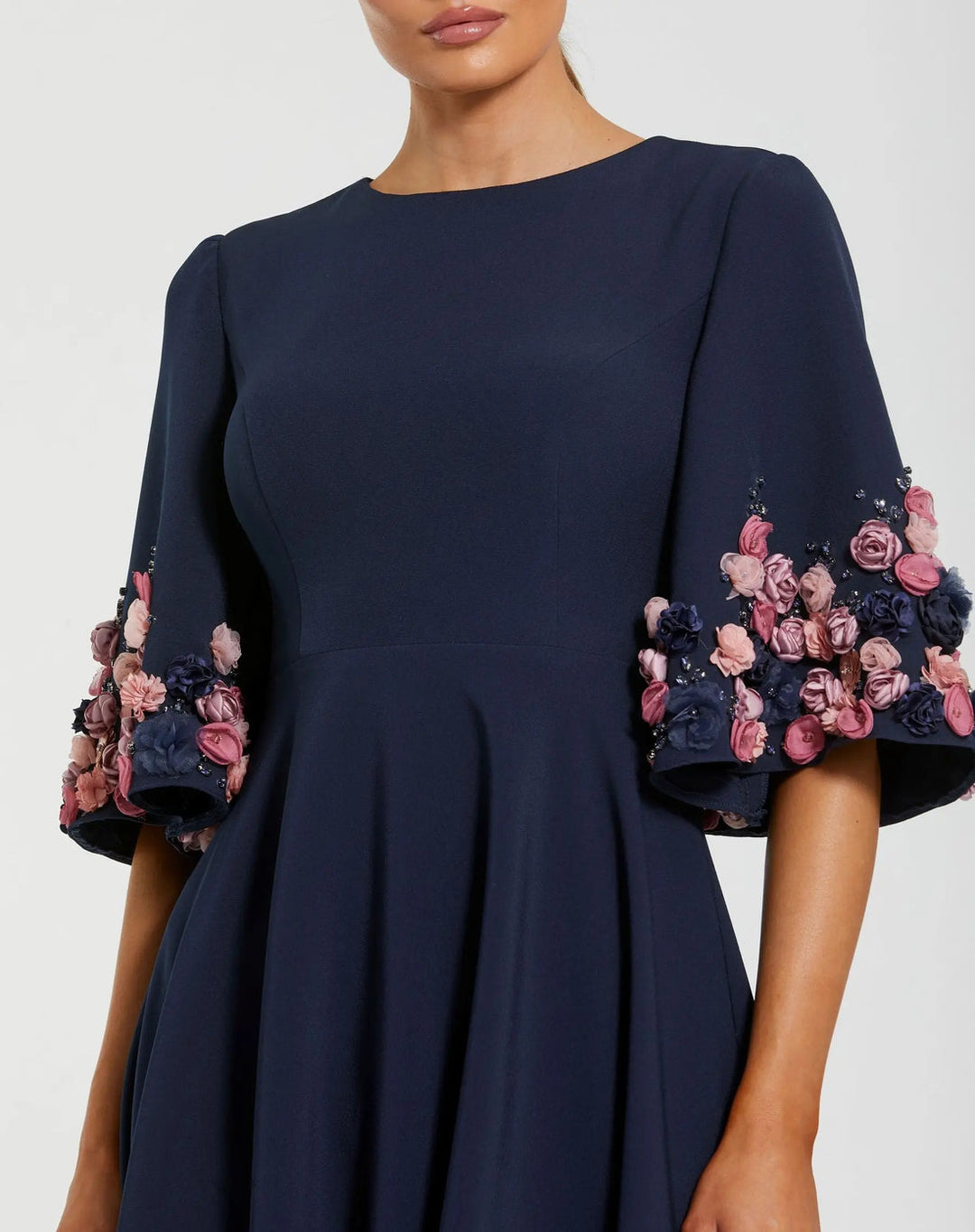 Classic 3/4 Sleeve Crepe A-Line Gown with Floral Detailing | Mac Duggal Dress 11854