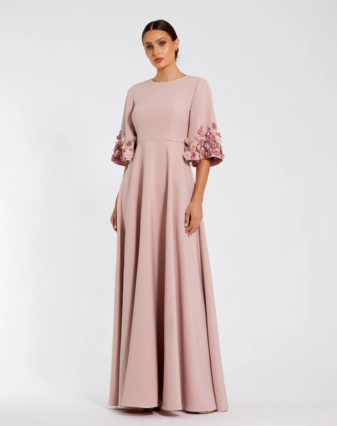 Classic 3/4 Sleeve Crepe A-Line Gown with Floral Detailing | Mac Duggal Dress 11854