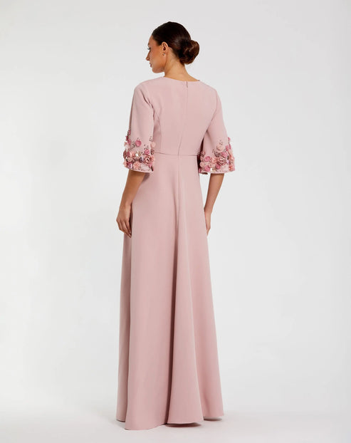 Classic 3/4 Sleeve Crepe A-Line Gown with Floral Detailing | Mac Duggal Dress 11854