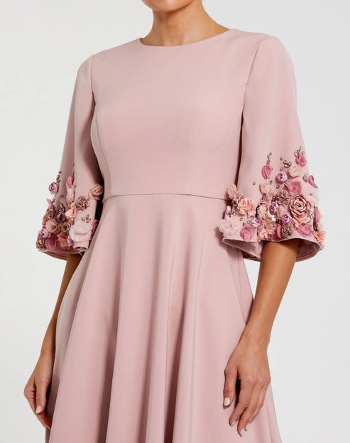 Classic 3/4 Sleeve Crepe A-Line Gown with Floral Detailing | Mac Duggal Dress 11854