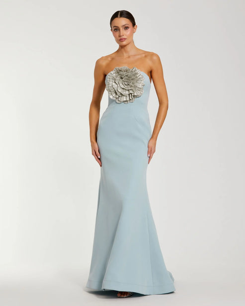 Strapless Trumpet Gown Featuring 3D Rhinestone Flower | Mac Duggal Dress 11855