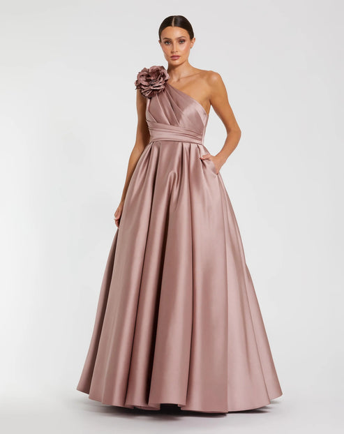 One-Shoulder Satin Ballgown with Floral Embellishment | Mac Duggal Dress11874