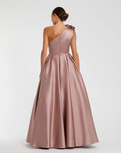One-Shoulder Satin Ballgown with Floral Embellishment | Mac Duggal Dress11874
