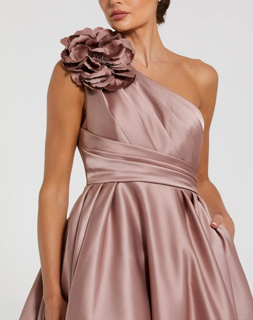 One-Shoulder Satin Ballgown with Floral Embellishment | Mac Duggal Dress11874