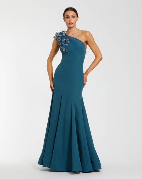 One-Shoulder Mermaid Gown with 3D Floral Detail | Mac Duggal Dress 11940