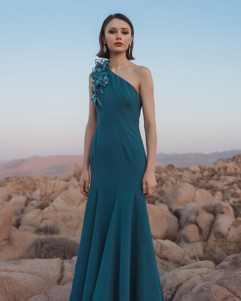 One-Shoulder Mermaid Gown with 3D Floral Detail | Mac Duggal Dress 11940