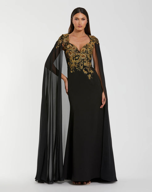 Embellished Column Gown with Sheer Chiffon Cape Sleeves | Mac Duggal Dress 13206