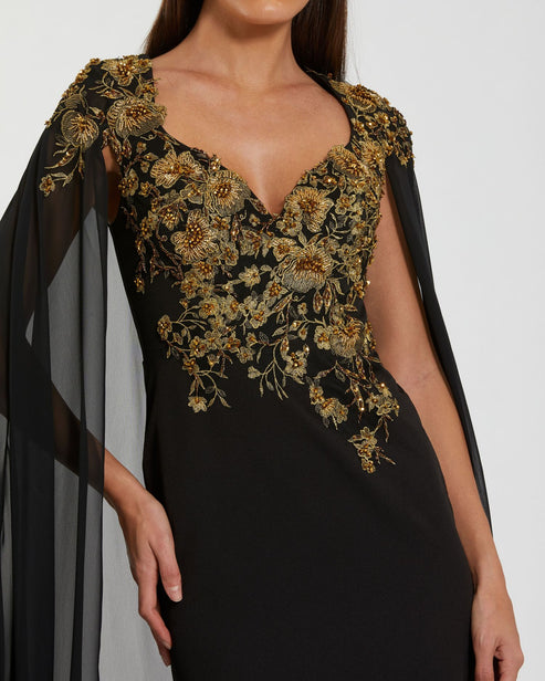 Embellished Column Gown with Sheer Chiffon Cape Sleeves | Mac Duggal Dress 13206