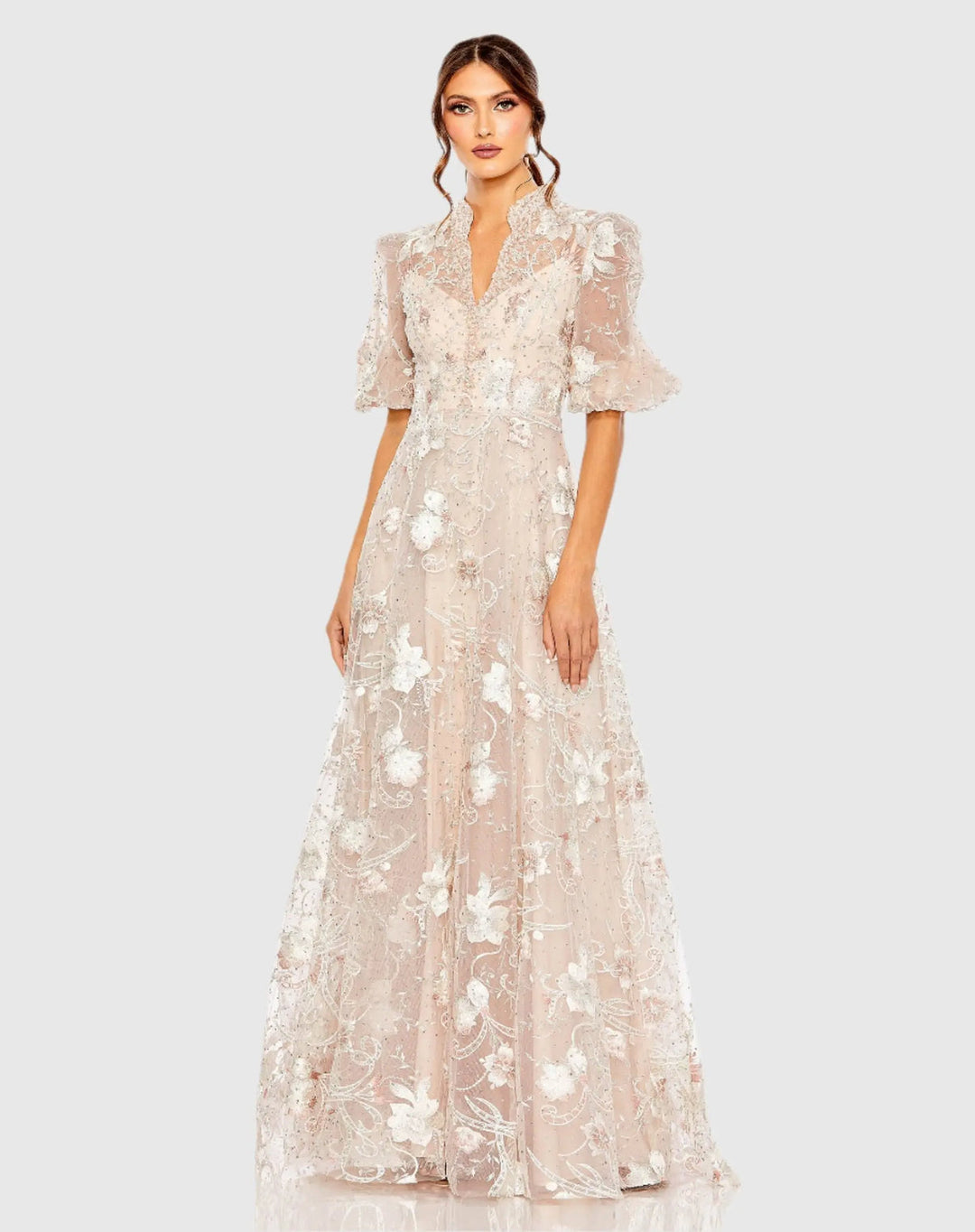 Mac Duggal Style 20452 Puff Sleeve Embroidered A-Line Gown