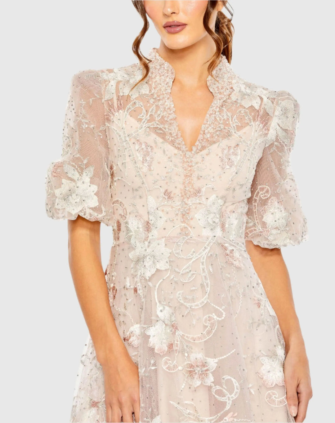 Mac Duggal Style 20452 Puff Sleeve Embroidered A-Line Gown