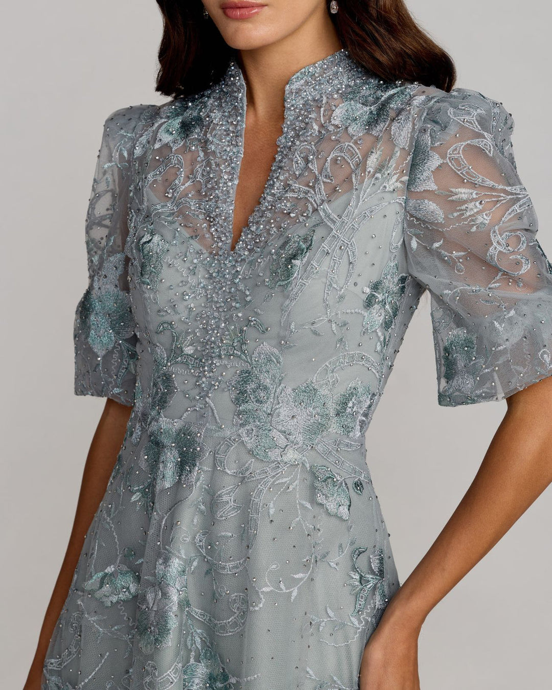 Mac Duggal Style 20452 Puff Sleeve Embroidered A-Line Gown