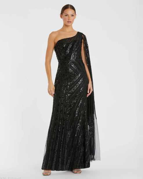One-Shoulder Cape Sleeve Embellished Gown | Mac Duggal Dress 20528