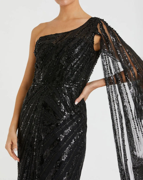 One-Shoulder Cape Sleeve Embellished Gown | Mac Duggal Dress 20528