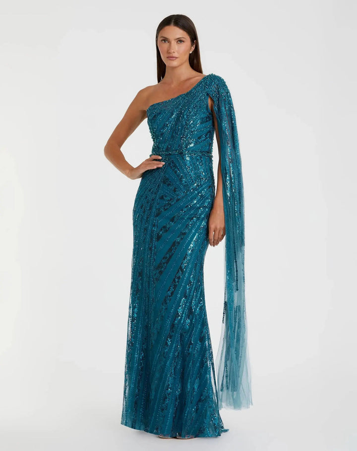 One-Shoulder Cape Sleeve Embellished Gown | Mac Duggal Dress 20528