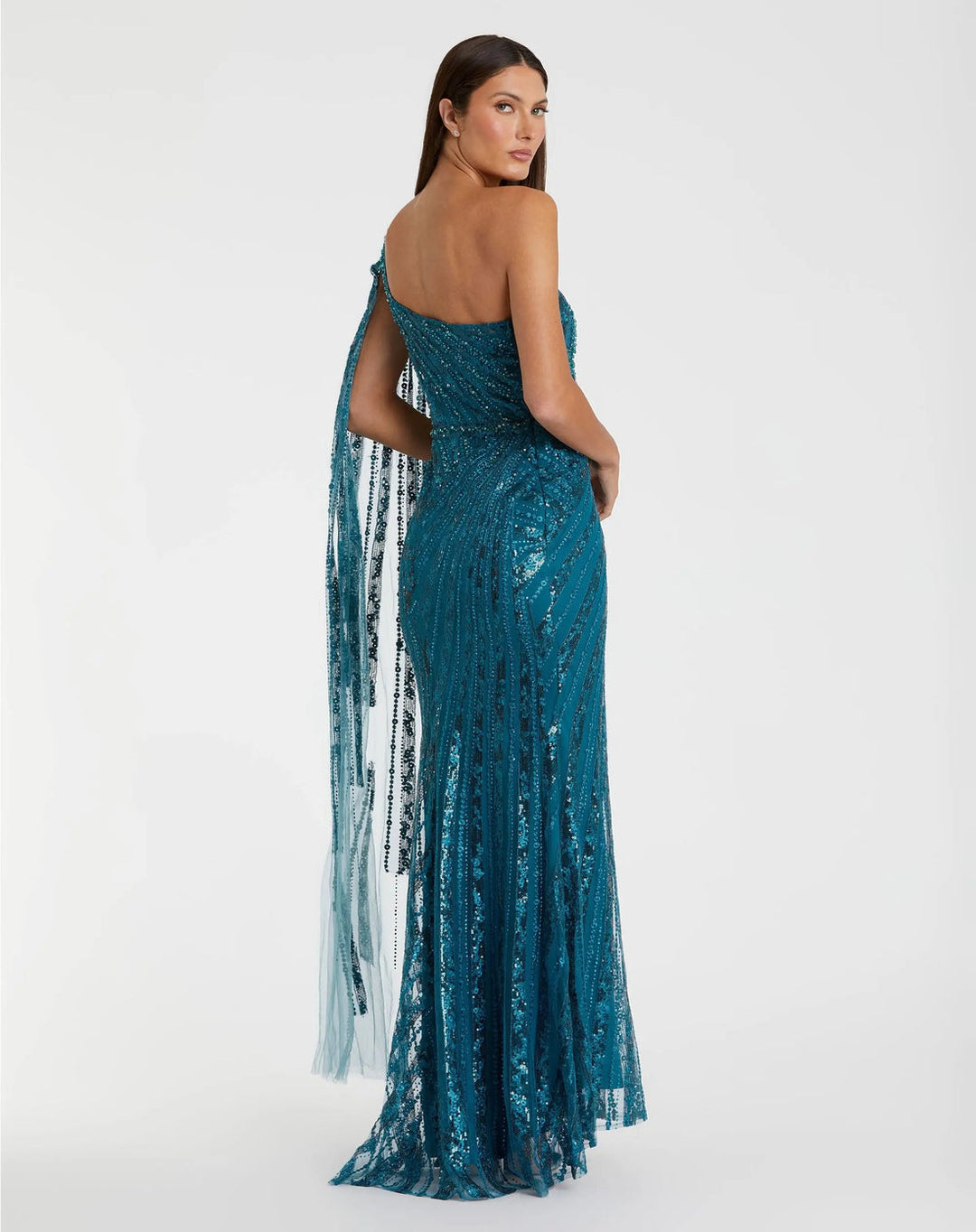 One-Shoulder Cape Sleeve Embellished Gown | Mac Duggal Dress 20528