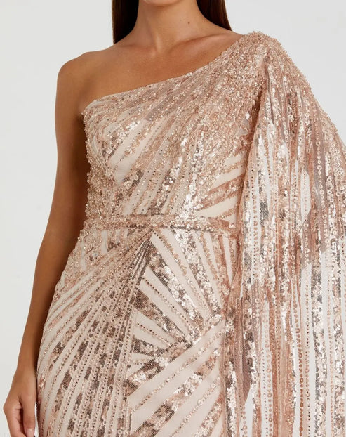 One-Shoulder Cape Sleeve Embellished Gown | Mac Duggal Dress 20528