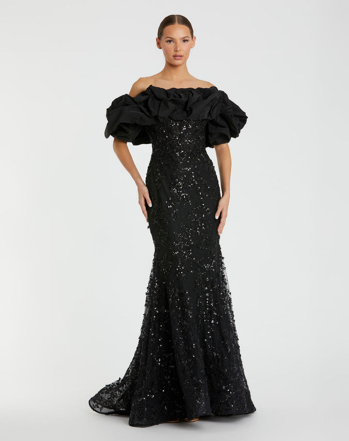 Off-the-Shoulder Beaded Mermaid Gown with Ruffle Detail | Mac Duggal Dress 21033