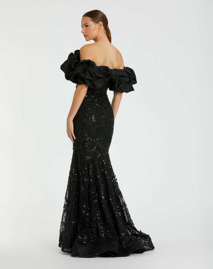 Off-the-Shoulder Beaded Mermaid Gown with Ruffle Detail | Mac Duggal Dress 21033