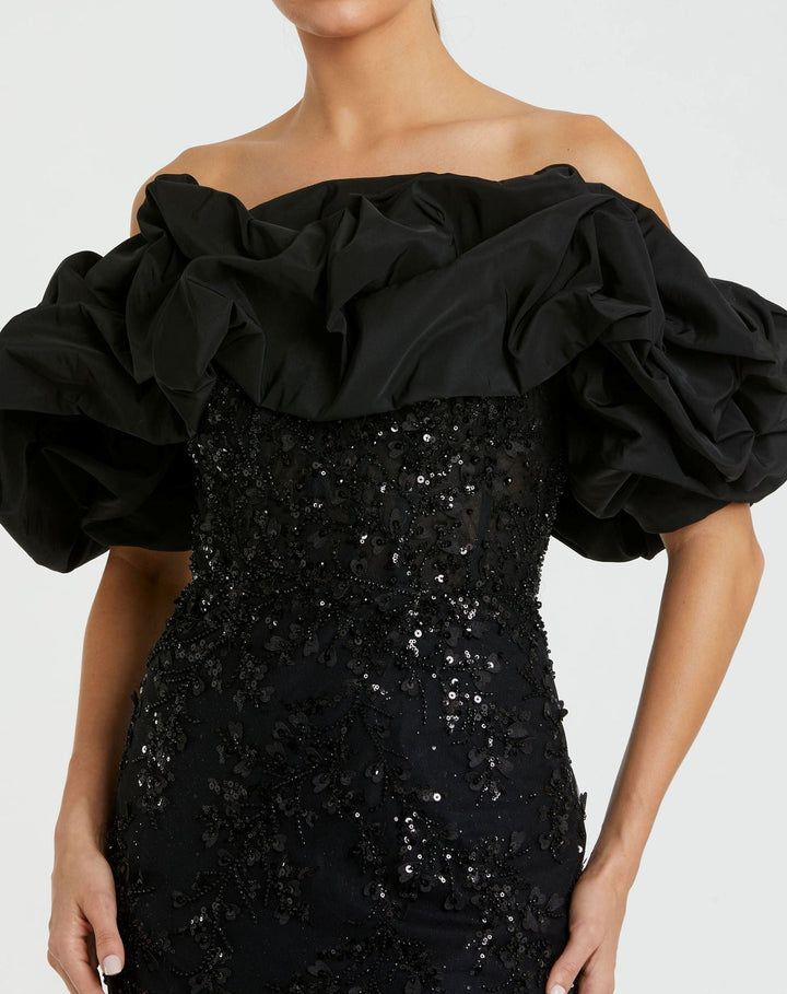 Off-the-Shoulder Beaded Mermaid Gown with Ruffle Detail | Mac Duggal Dress 21033