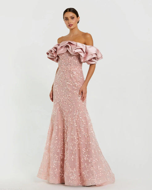 Off-the-Shoulder Beaded Mermaid Gown with Ruffle Detail | Mac Duggal Dress 21033