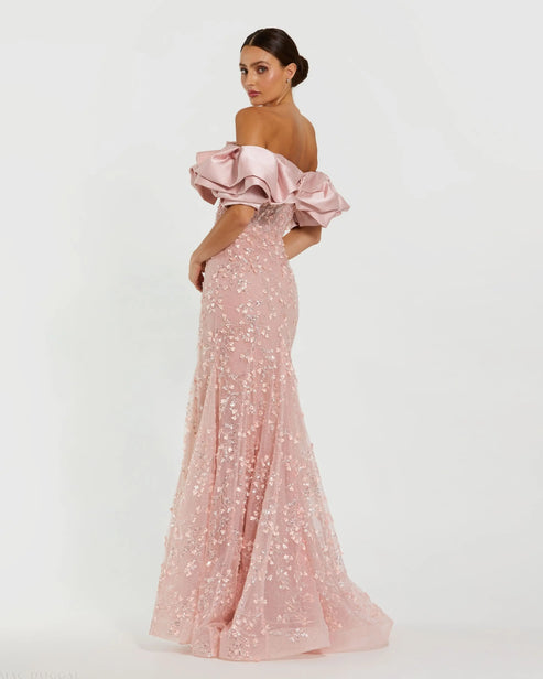 Off-the-Shoulder Beaded Mermaid Gown with Ruffle Detail | Mac Duggal Dress 21033