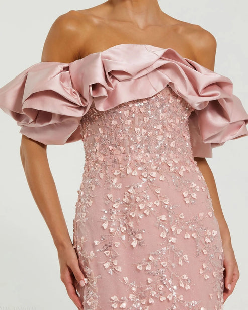 Off-the-Shoulder Beaded Mermaid Gown with Ruffle Detail | Mac Duggal Dress 21033