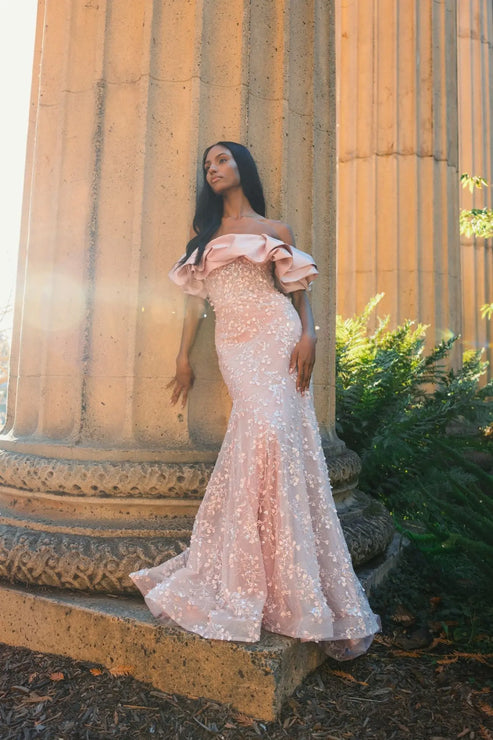 Off-the-Shoulder Beaded Mermaid Gown with Ruffle Detail | Mac Duggal Dress 21033