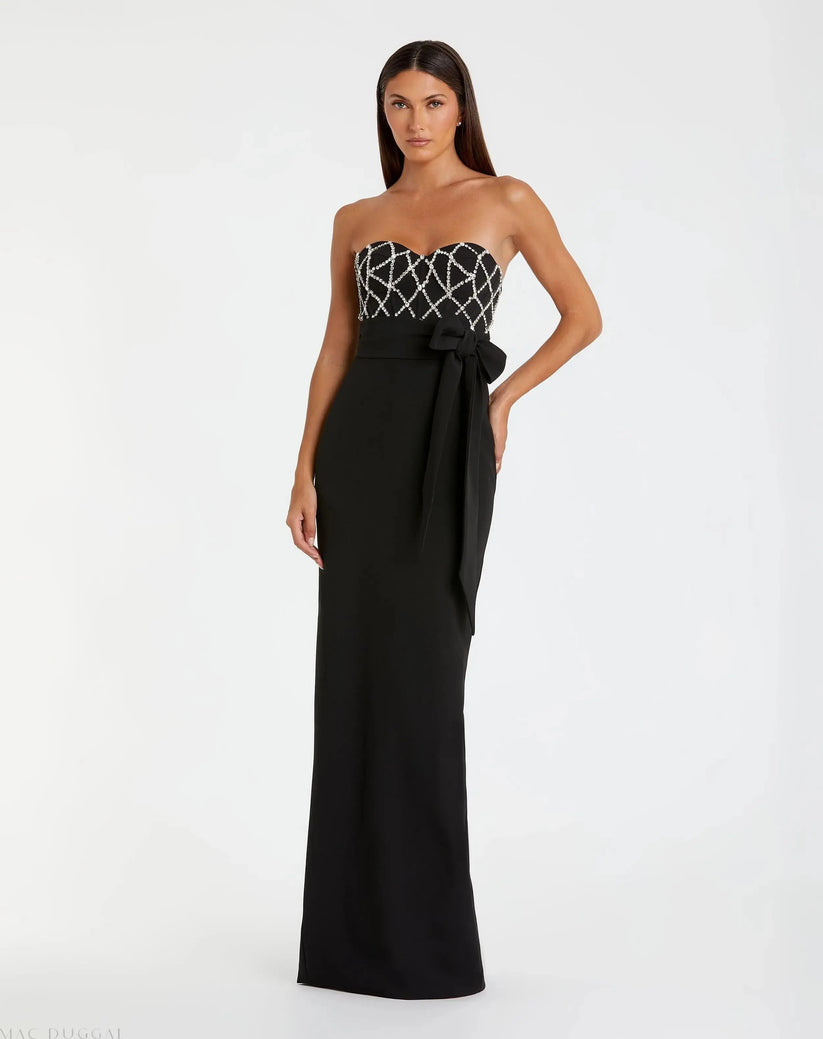 Black Strapless Embellished Crepe Gown With Bow | Mac Duggal Dress2294
