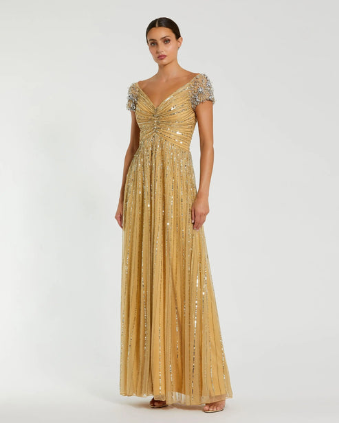 Embellished Shoulder Sequin Evening Gown | Mac Duggal Dress 23042