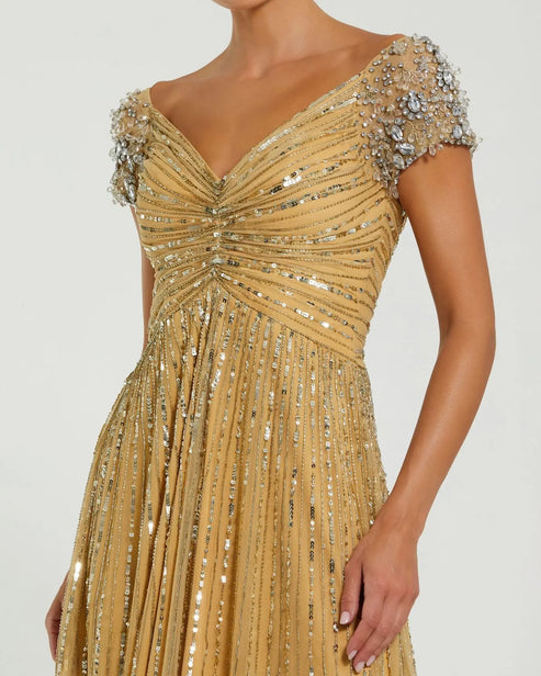 Embellished Shoulder Sequin Evening Gown | Mac Duggal Dress 23042