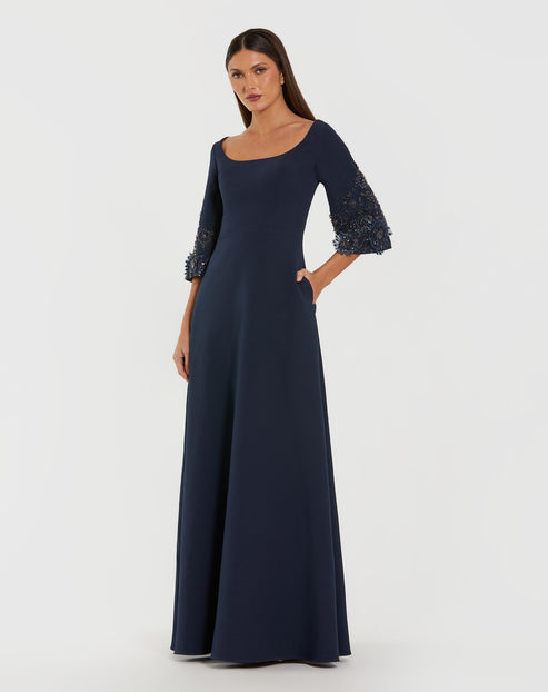 Floral-Embroidered Sleeve Crepe Gown | Mac Duggal Dress 2311