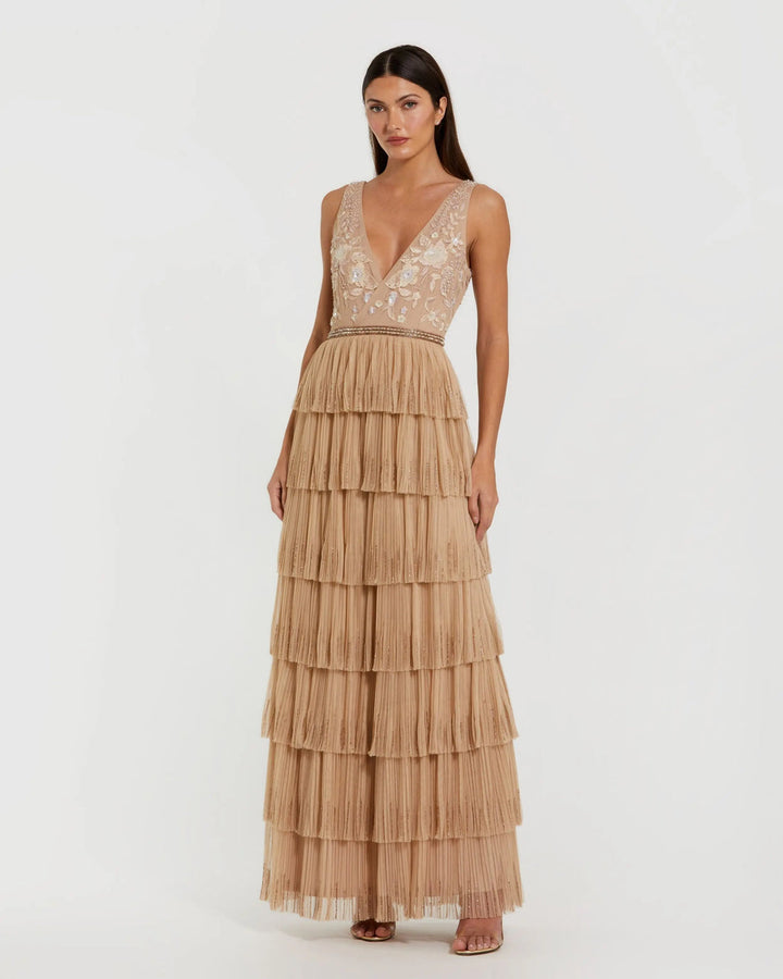 V-Neck Mesh Evening Gown with Ruffled Tiers | Mac Duggal Dress 24061