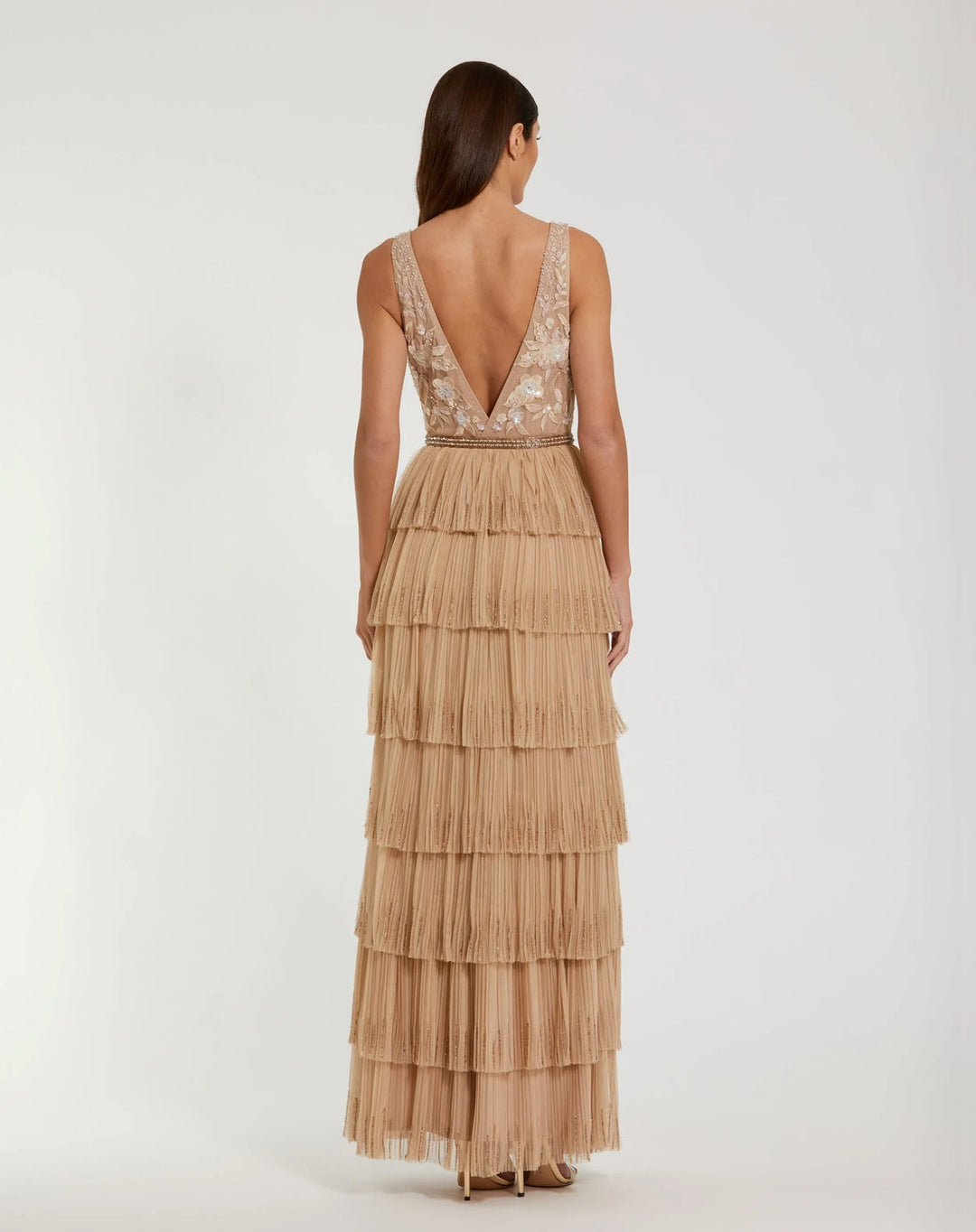 V-Neck Mesh Evening Gown with Ruffled Tiers | Mac Duggal Dress 24061