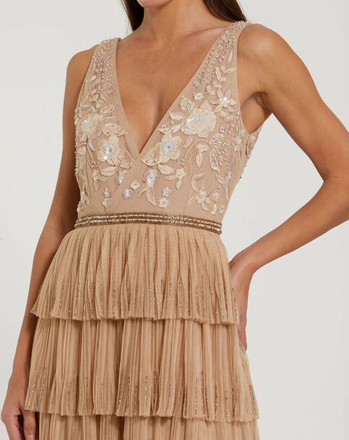 V-Neck Mesh Evening Gown with Ruffled Tiers | Mac Duggal Dress 24061