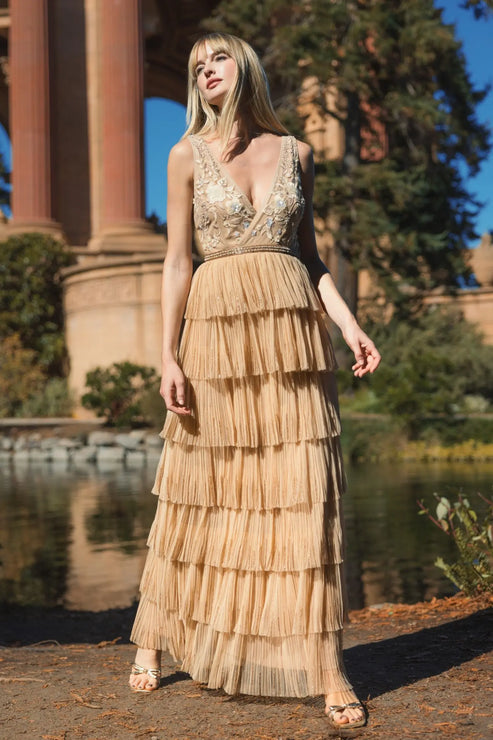V-Neck Mesh Evening Gown with Ruffled Tiers | Mac Duggal Dress 24061