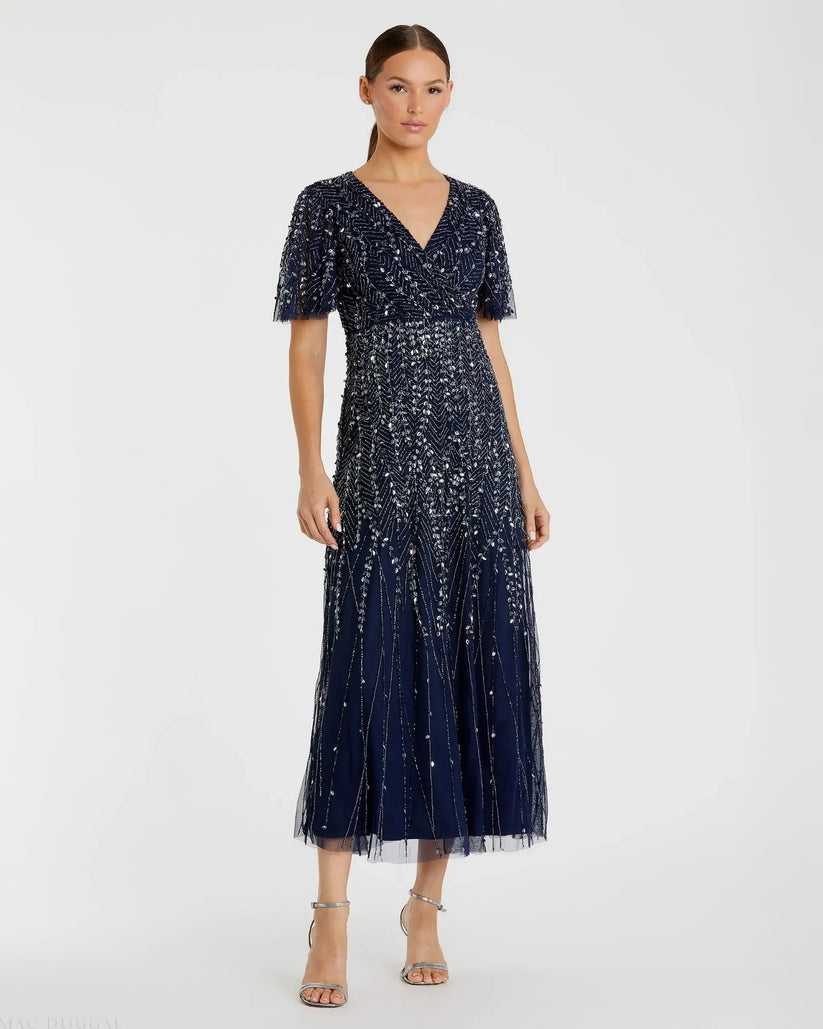 Embellished V-neckline Midi A-line Dress | Mac Duggal Dress 35116